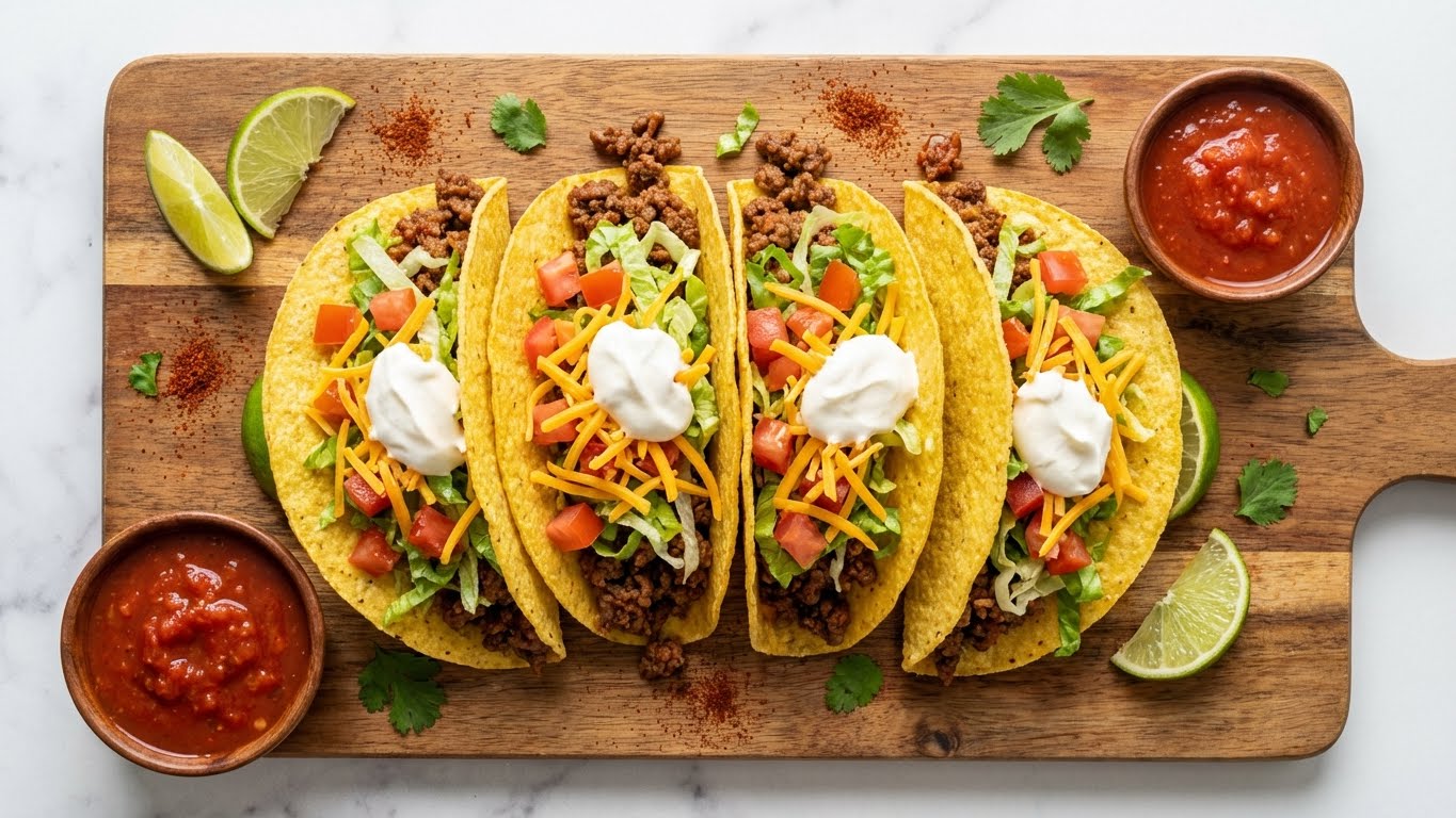 Classic beef tacos with lettuce, cheese, and sour cream
