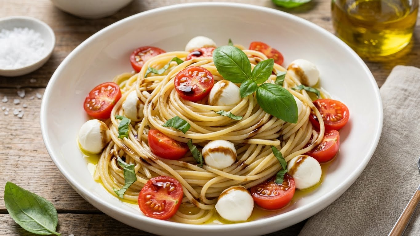 Fresh caprese pasta with cherry tomatoes, mozzarella, and basil