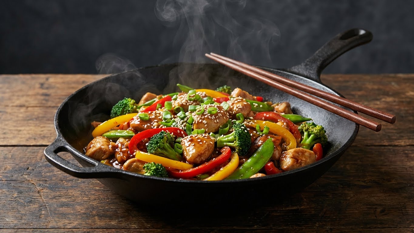 Colorful chicken stir-fry with vegetables in a wok