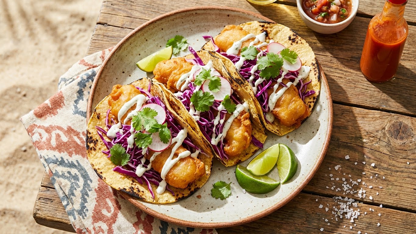 Crispy fish tacos with cabbage slaw and lime crema