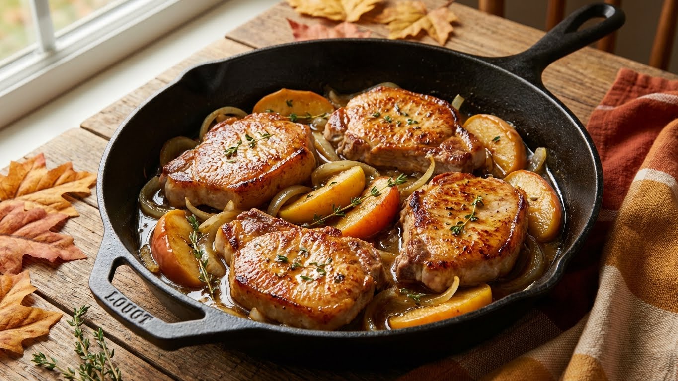 Pan-seared pork chops with caramelized apples and onions