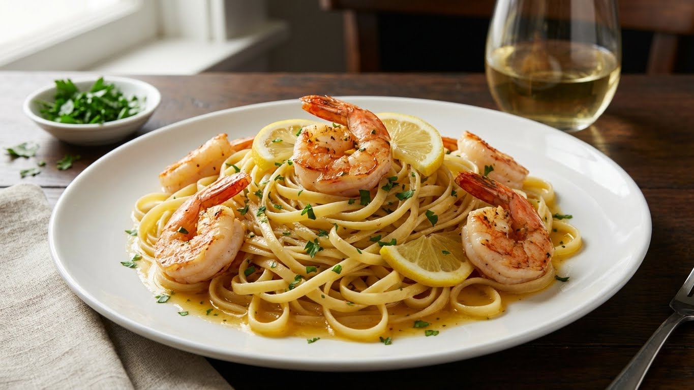 Classic shrimp scampi in garlic butter sauce over pasta