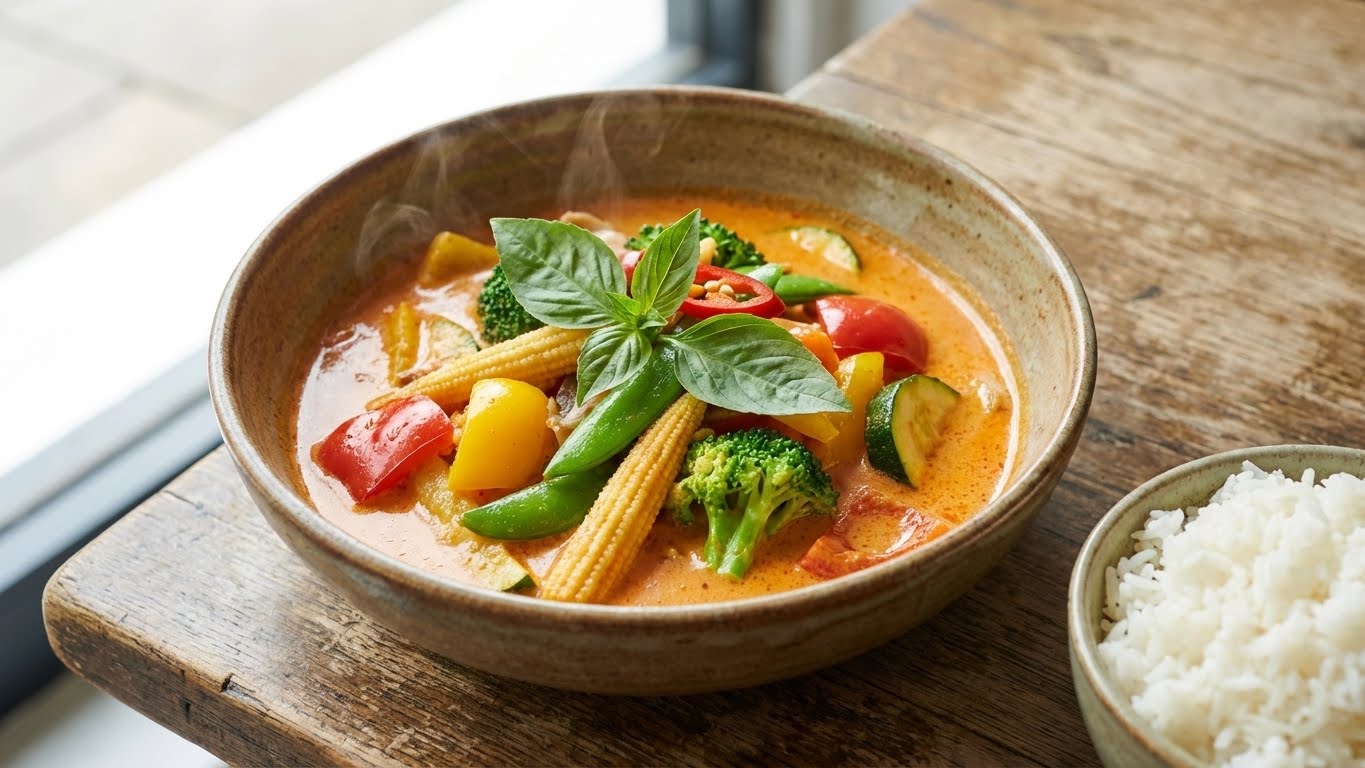 Vegan Thai red curry with vegetables in creamy coconut sauce