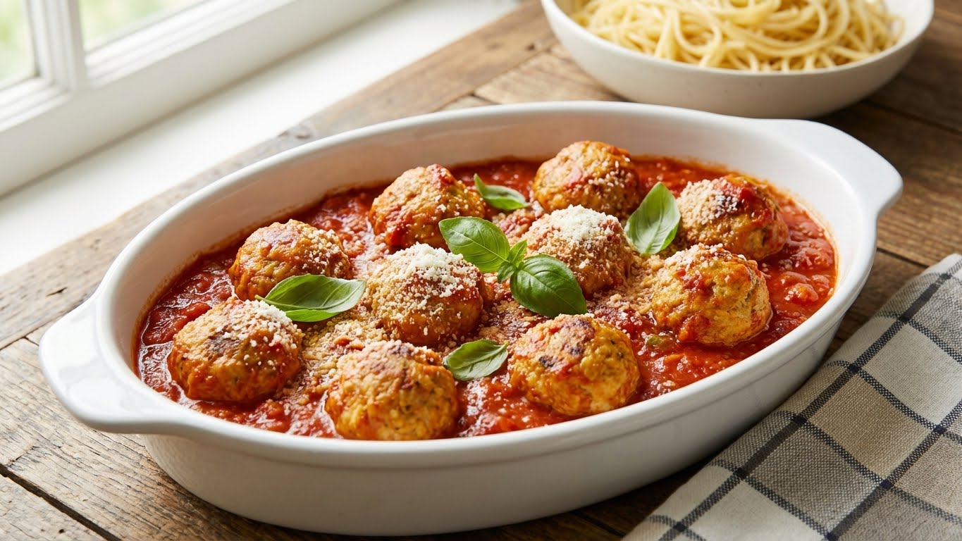 Turkey meatballs in marinara sauce with fresh basil