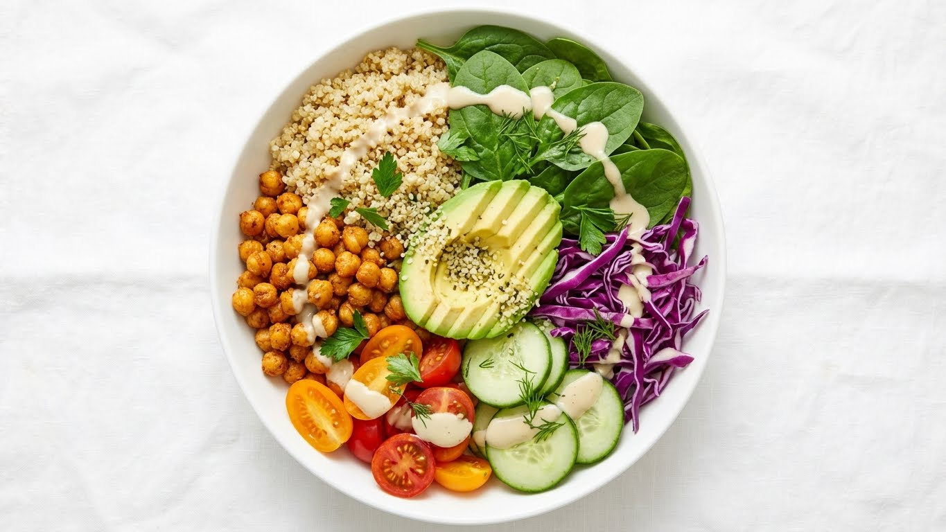 Colorful vegan Buddha bowl with roasted chickpeas, quinoa, and fresh vegetables
